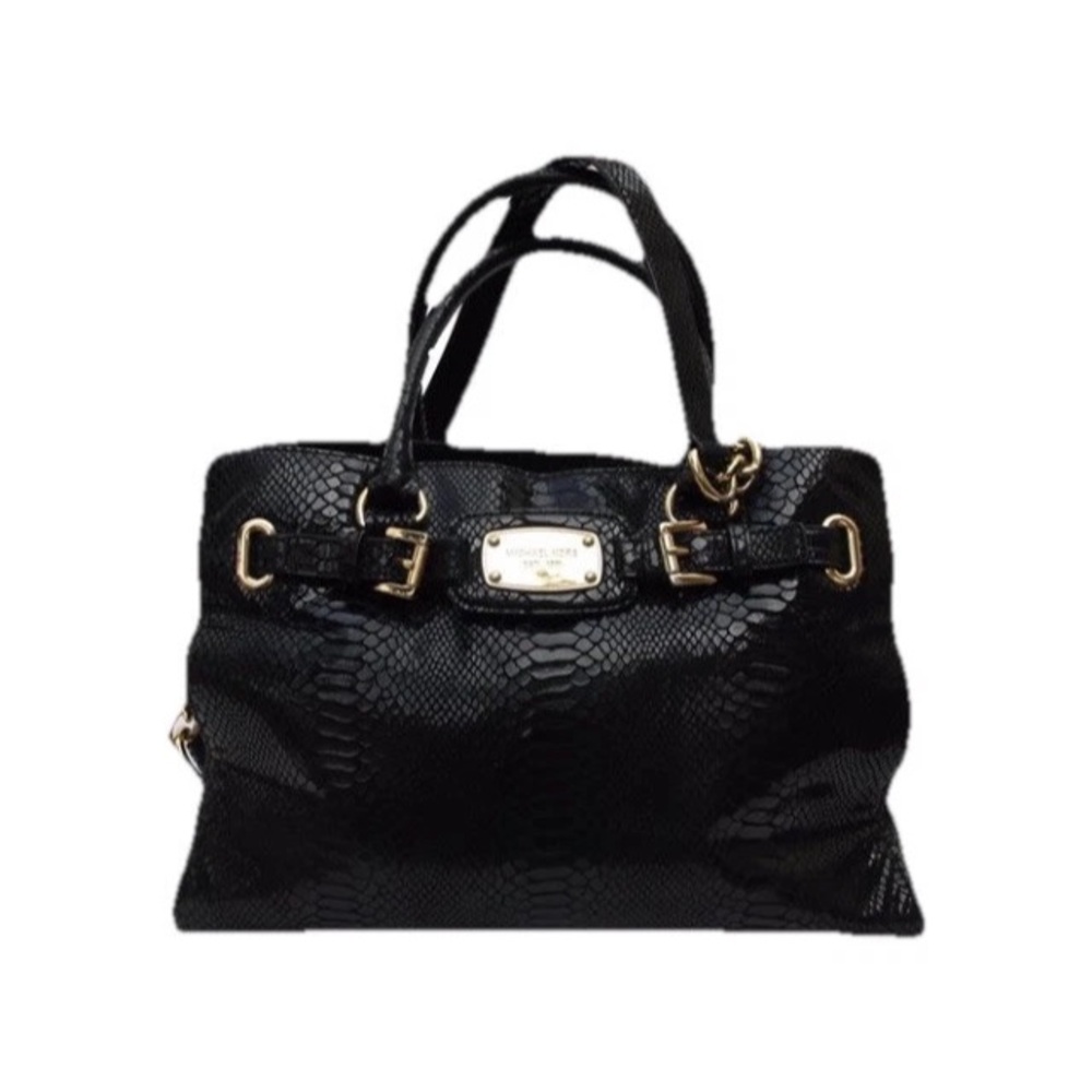 Michael Kors Hamilton Python Snakeskin Leather Handbag Shoulder Purse Black Gold